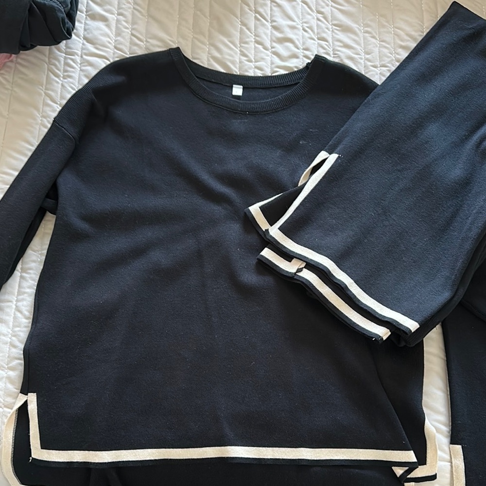 Black Sweater and Pants Set with White Trim